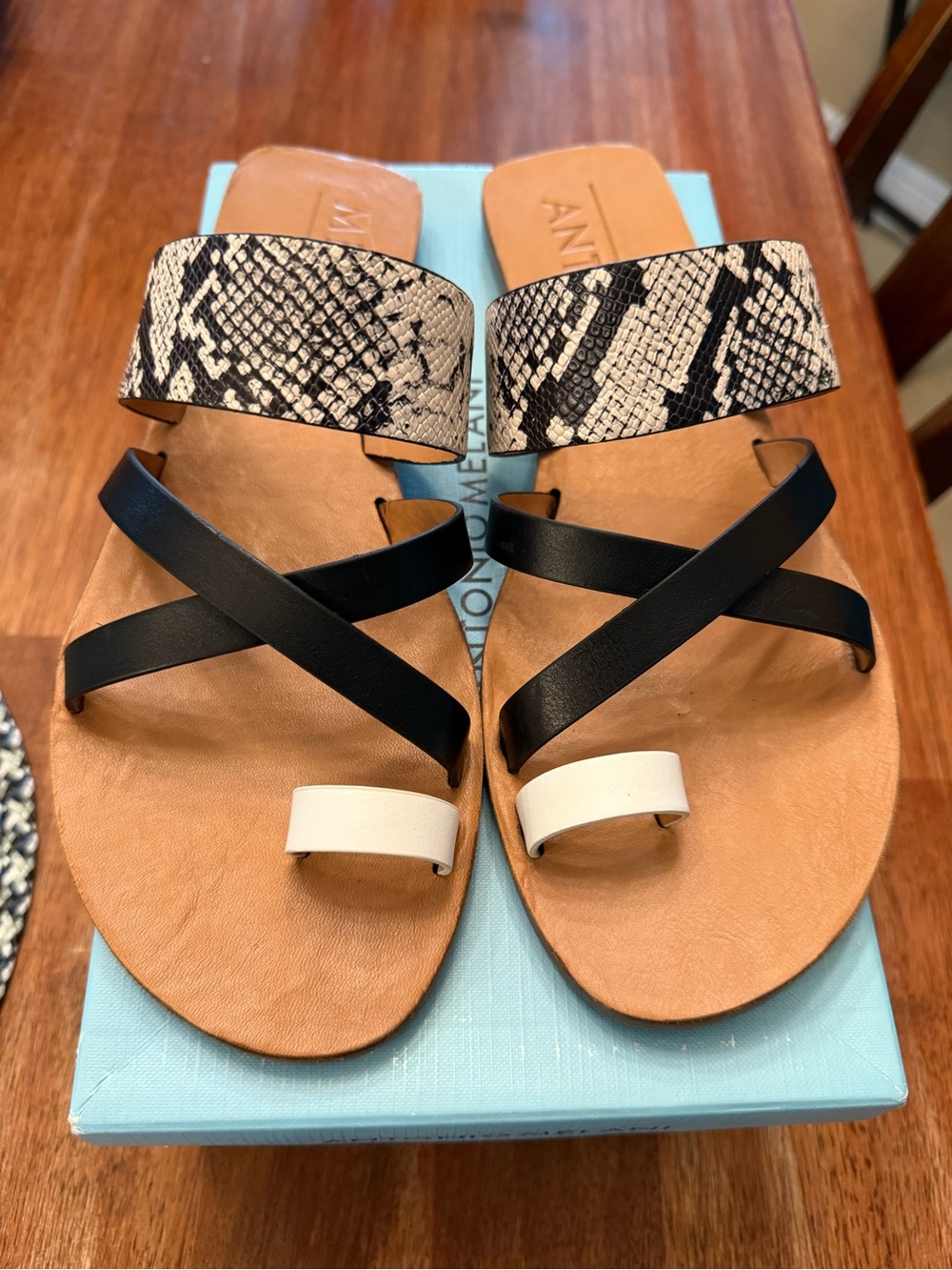ANTONIO MELANI Black, Tan & Snake-Print Crisscross Slide Sandals